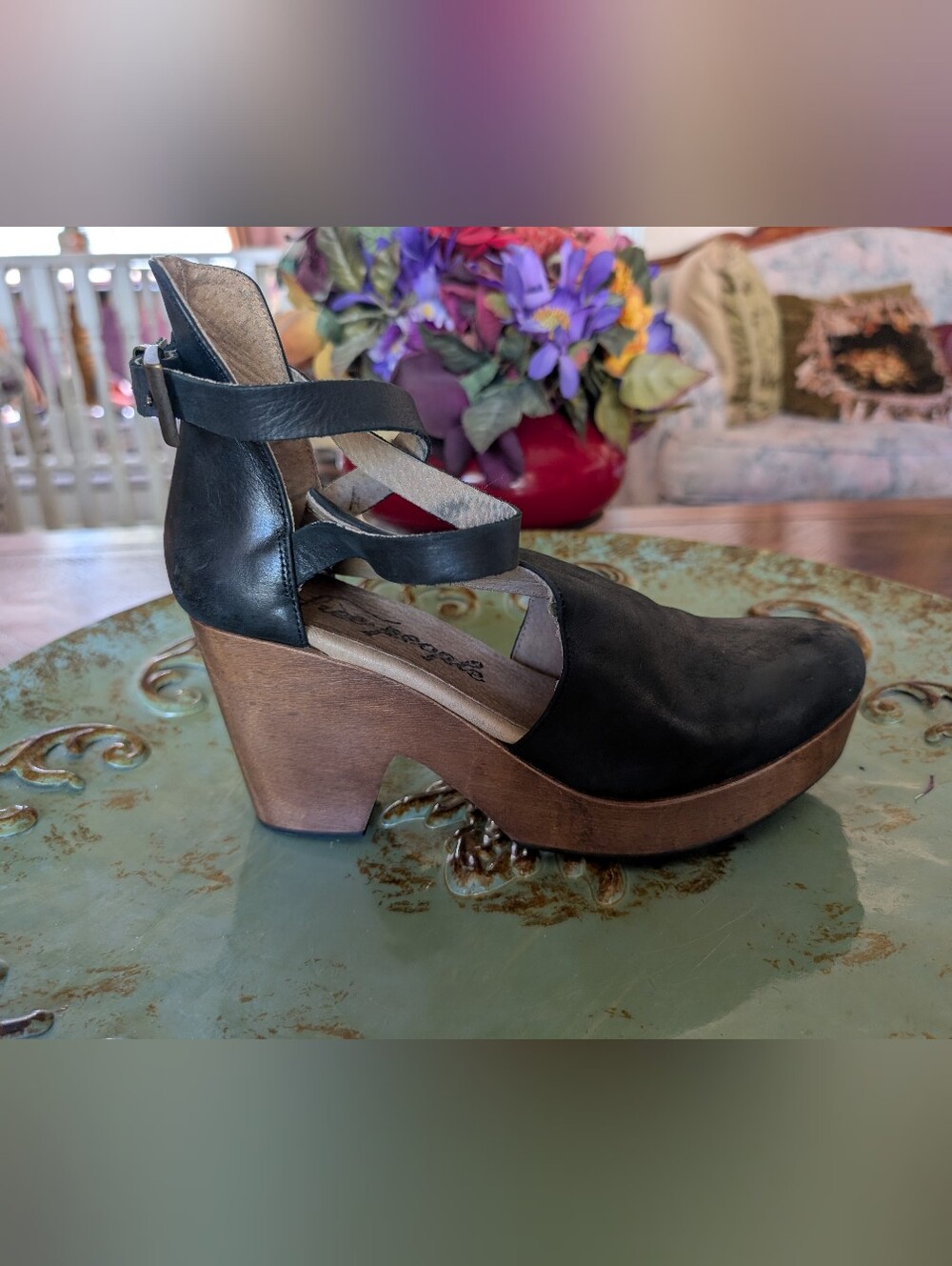 Free People Black Leather Platform Clogs with Wood-Effect Heel Size 39.5 - Picture 6 of 16